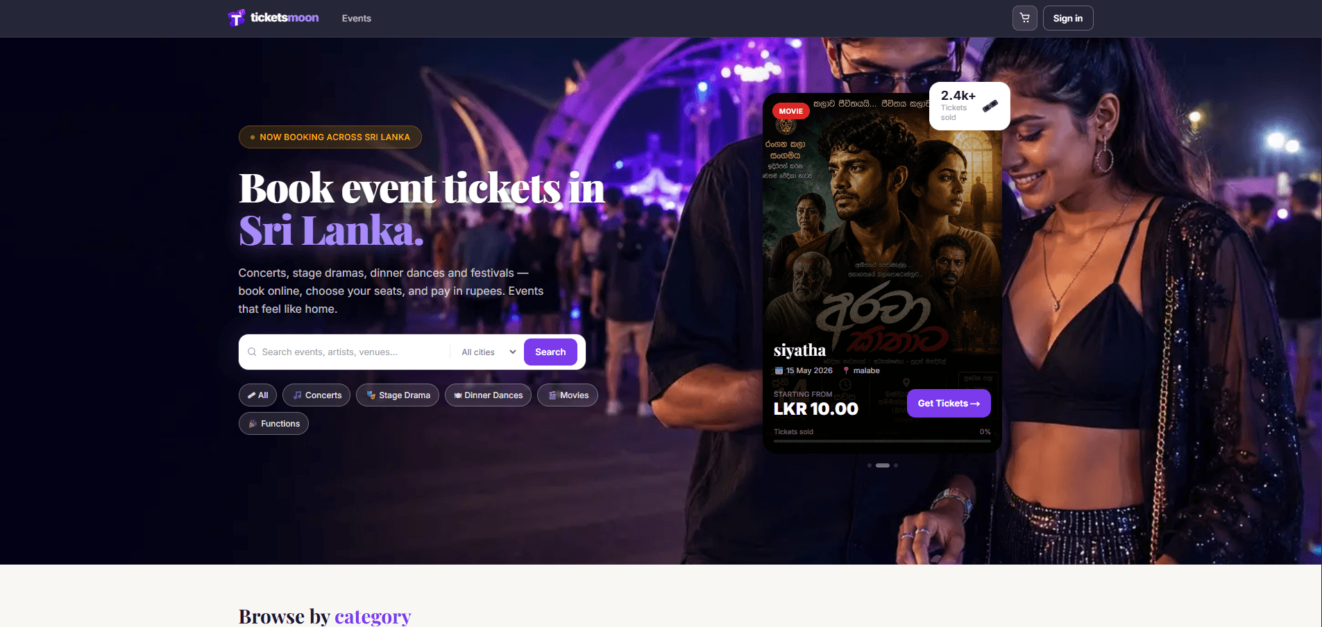 Screenshot of the TicketsMoon website